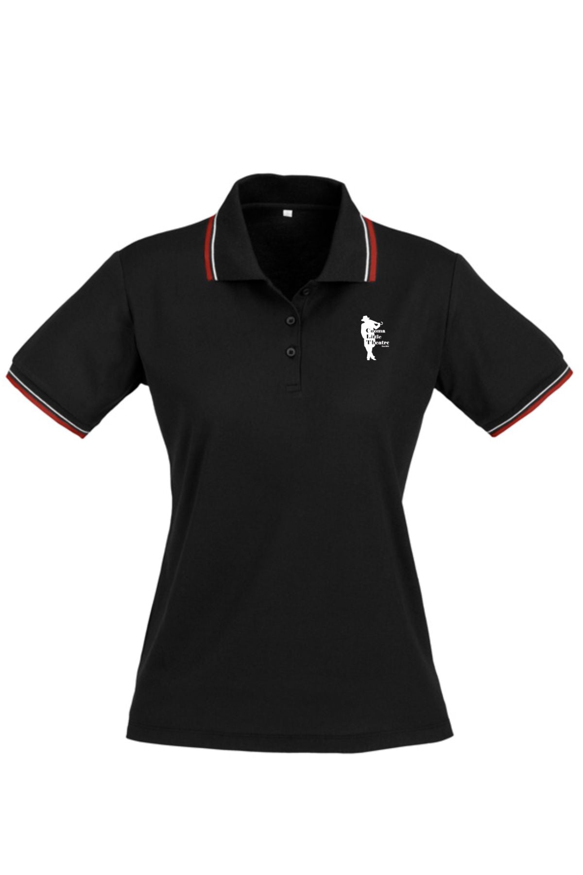 Pre-order the Cooma Little Theatre Ladies Cambridge Short Sleeve Polo—black with red and white trim on collar and sleeves, plus a small white Cooma Little Theatre logo on the left chest.