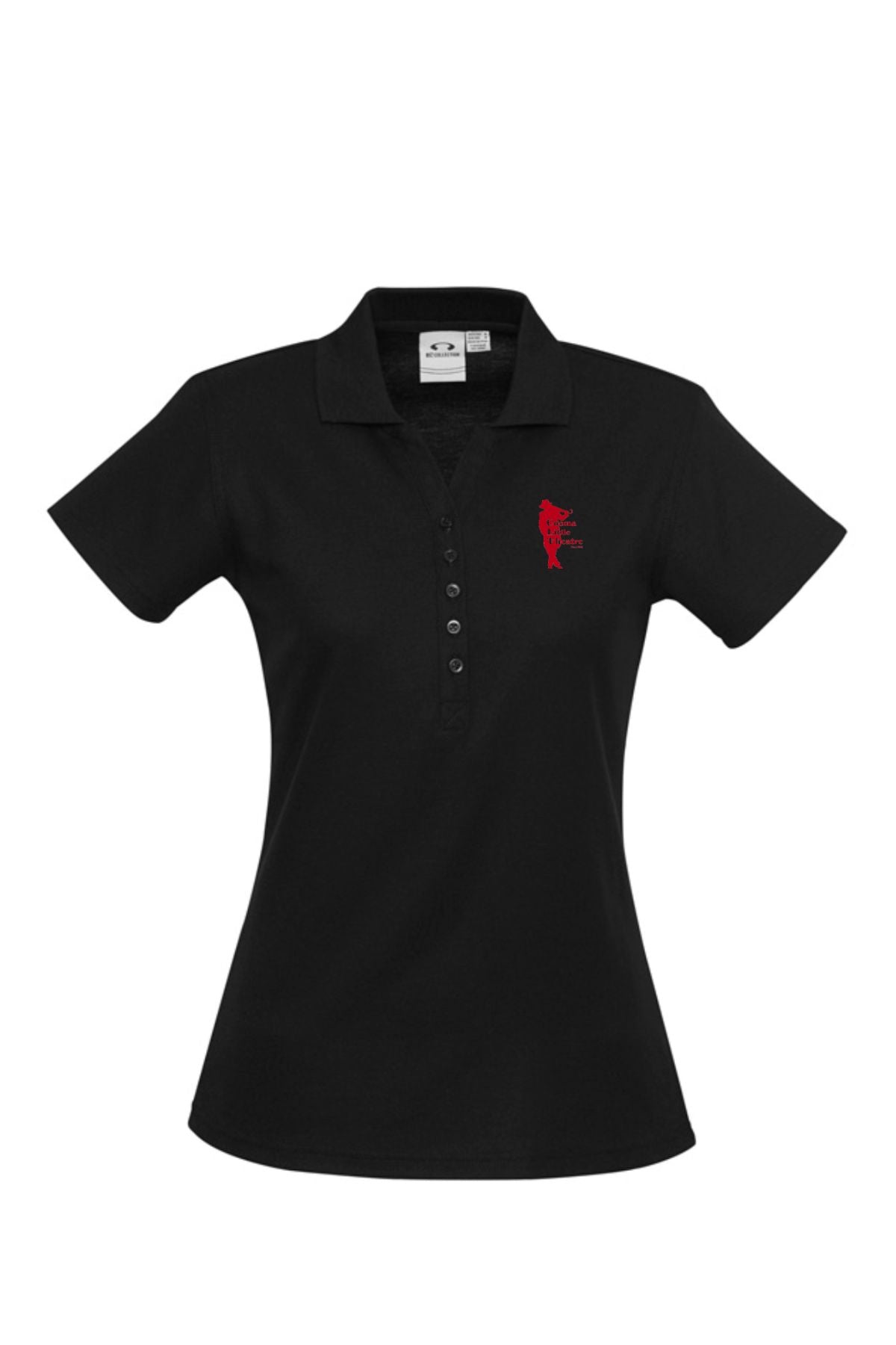 The Cooma Little Theatre Ladies Ice Short Sleeve Polo is black with a collar, button placket, and red theatre graphic on the left chest. This fitted, plain shirt has short sleeves and is available for pre-order.