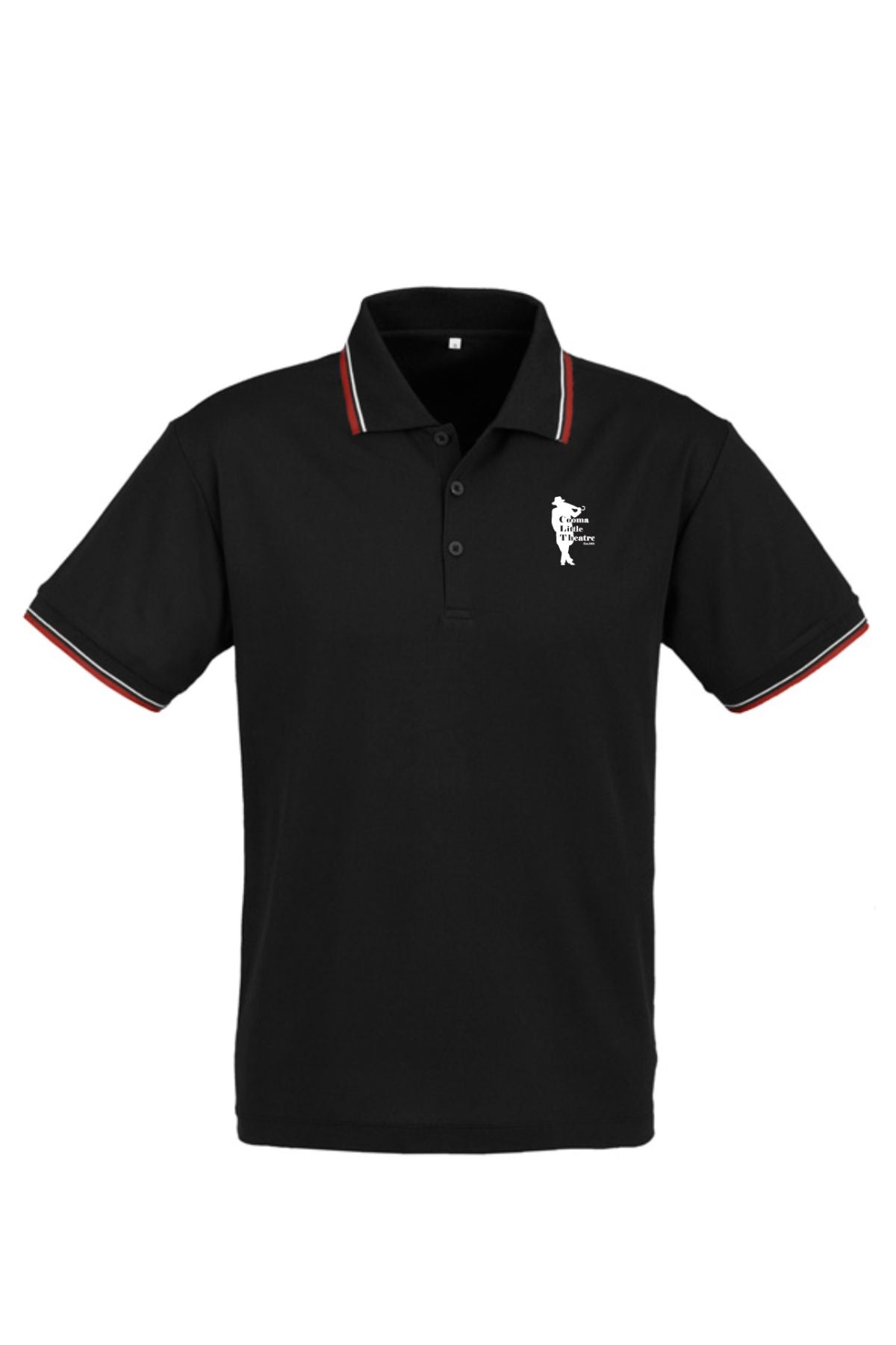 The Cooma Little Theatre Mens Cambridge Short Sleeve Polo features red and white striped collar and sleeve edges, a small white golfer logo on the chest, and is perfect for theatre events.