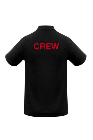 Cooma Little Theatre Mens Ice Short Sleeve Polo shown from the back, featuring bold red "CREW" text—ideal for event teams. Available now for pre-order.