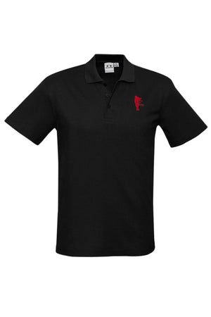 The Cooma Little Theatre Mens Ice Short Sleeve Polo features a collar, short sleeves, three buttons, and a small red embroidered logo on the left chest. Pre-order now and wear it to your next Cooma Little Theatre event!.
