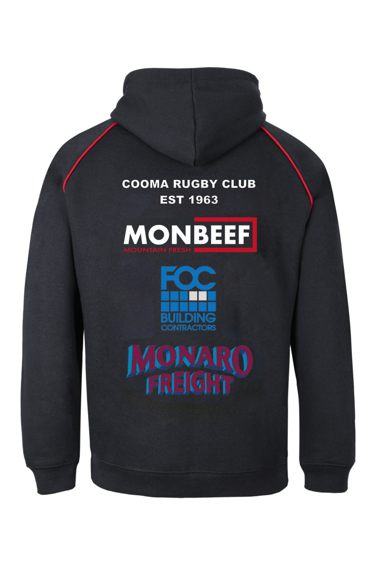 Show your support for Cooma Rugby with the Cooma Rugby Red Devils Fleece Hoodie—a black hoodie with red stitching, a hood, and "COOMA RUGBY CLUB EST 1963" plus sponsor logos on the back. Pre-order yours now!.