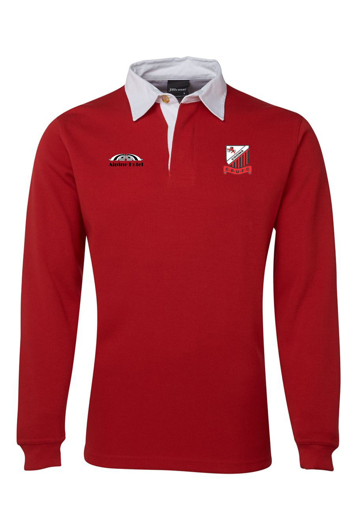 Show your Cooma Rugby pride with the Cooma Rugby Red Devils Heritage Rugby, a long-sleeve red shirt with a white collar and two embroidered chest logos, displayed on a white background.