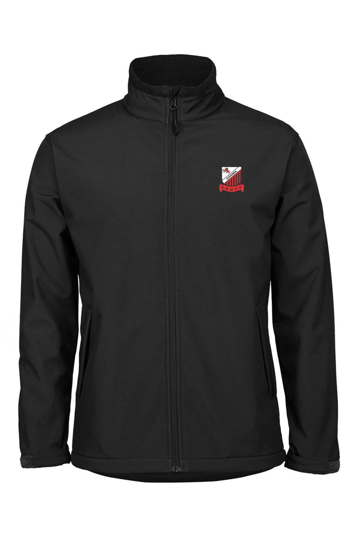 Pre-order the Cooma Rugby Red Devils Kids Jacket, a stylish black zip-up for young fans featuring long sleeves, a high collar, and a red and white logo on the left chest.