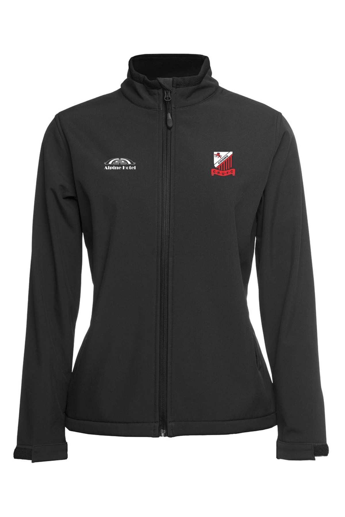 Pre-order the Cooma Rugby Red Devils Ladies Jacket—black zip-up style with two chest logos: white text and graphic on the left, red and white Cooma Rugby shield on the right. Get a sporty look today!.