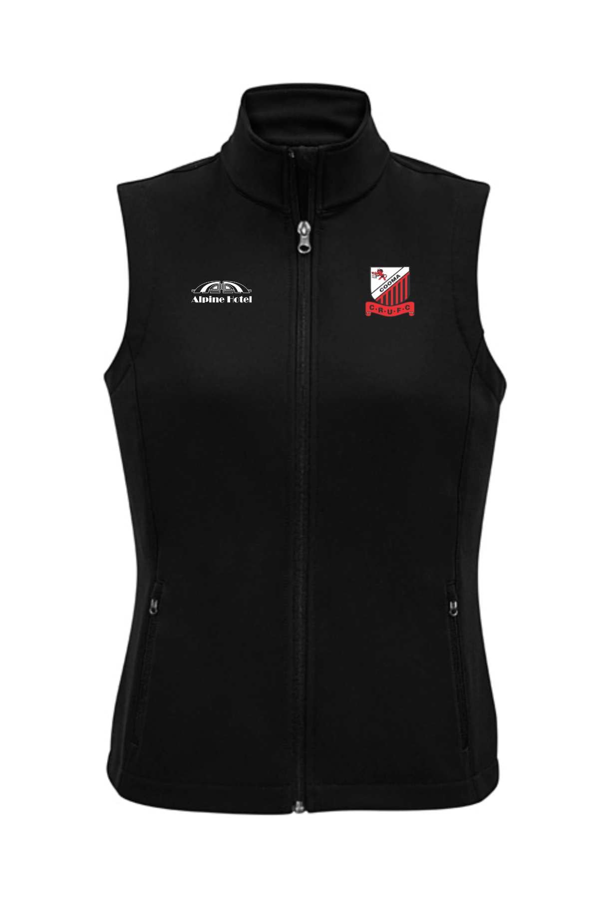 The Cooma Rugby Red Devils Ladies Vest is black and sleeveless, featuring zippered side pockets and two chest logos: a mountain with "Cooma Rugby" on the left, and a red-and-white Red Devils shield on the right.
