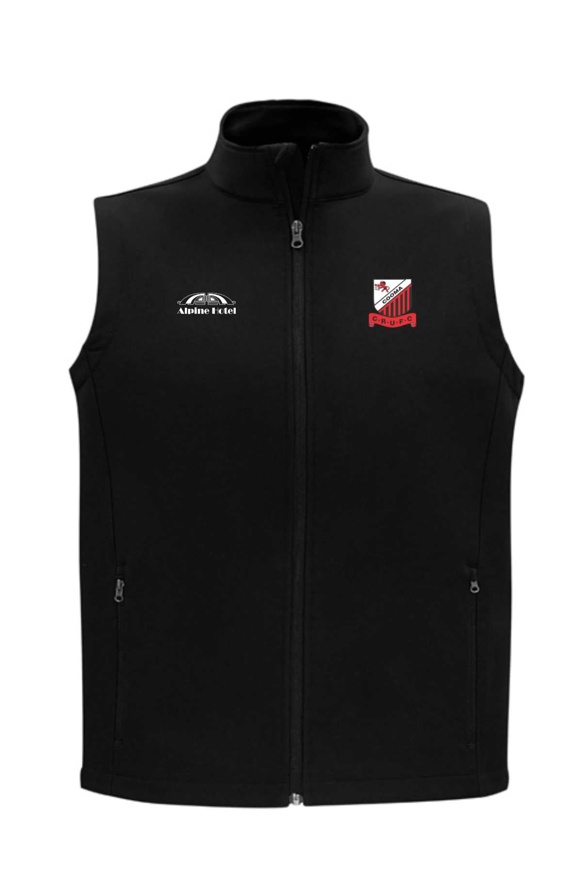 The Cooma Rugby Red Devils Men's Vest is a black zip-up with red and white diagonal stripes, a left chest emblem, and a right chest mountain design. It features the team's logo and side zipper pockets. Available for pre-order now.