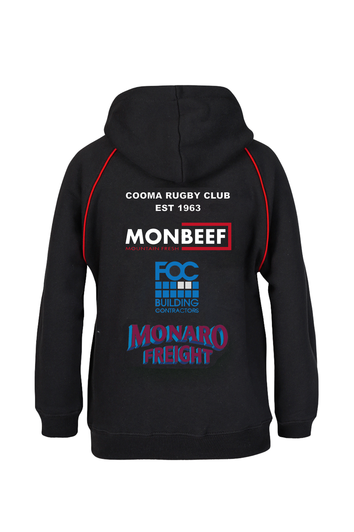 The Cooma Rugby Red Devils Kids Fleece Hoodie is a stylish pre-order item with a cozy black exterior, vibrant red interior, front pocket, and distinctive red shoulder piping. A small shield-shaped emblem with red and white stripes adorns the chest.