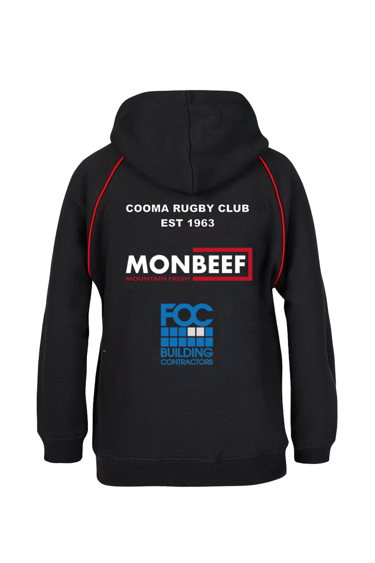 The Cooma Rugby Red Devils Kids Fleece Hoodie is a stylish pre-order item with a cozy black exterior, vibrant red interior, front pocket, and distinctive red shoulder piping. A small shield-shaped emblem with red and white stripes adorns the chest.
