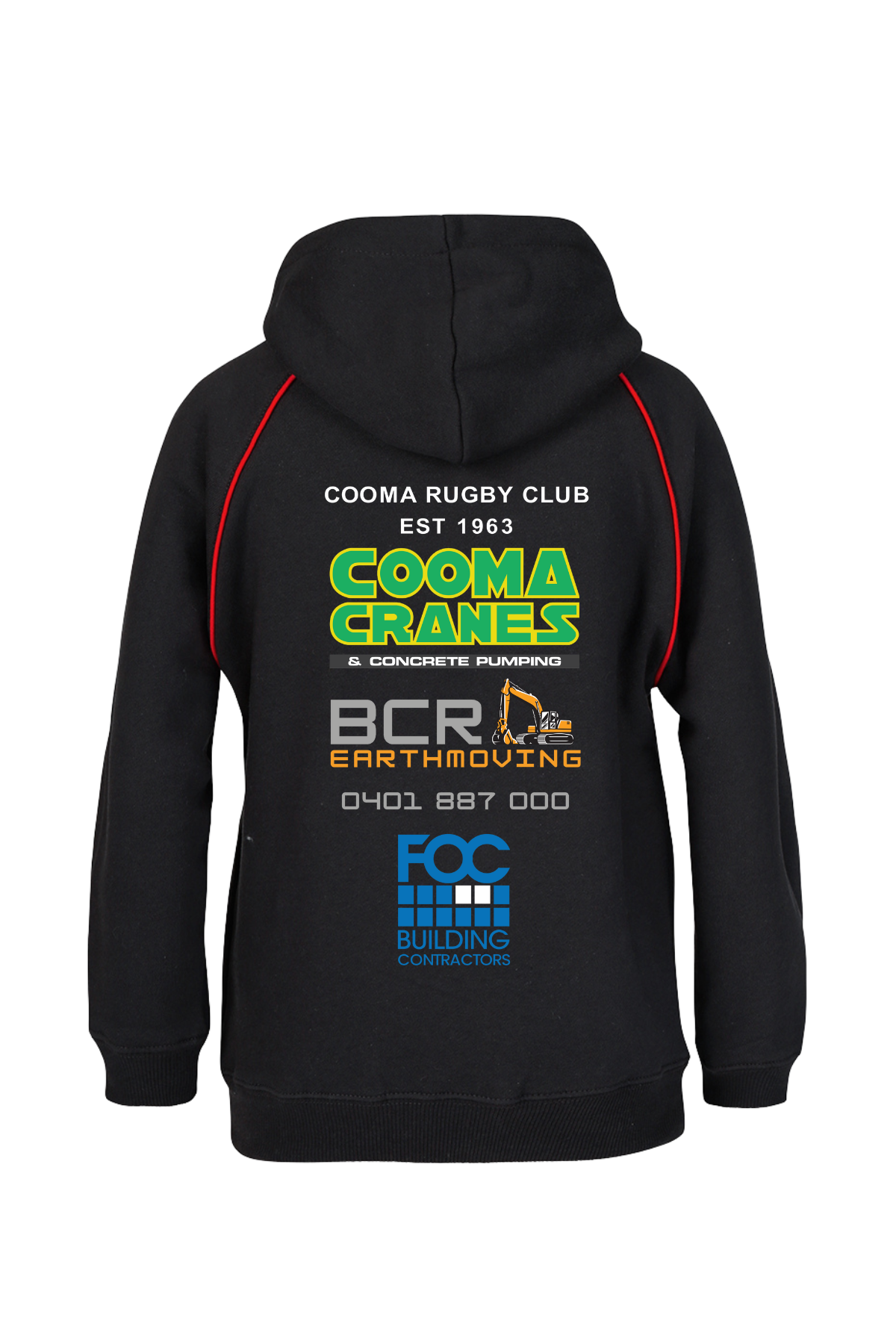 The Cooma Rugby Red Devils Kids Fleece Hoodie is a stylish pre-order item with a cozy black exterior, vibrant red interior, front pocket, and distinctive red shoulder piping. A small shield-shaped emblem with red and white stripes adorns the chest.