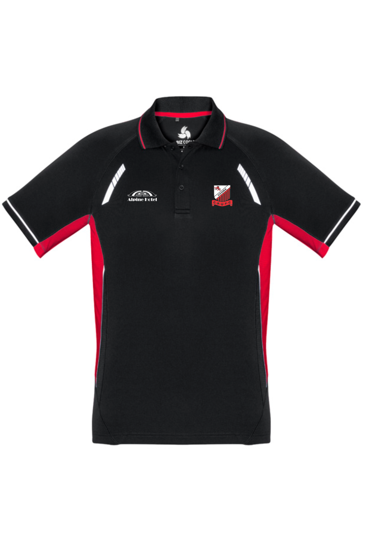 Pre-order the Cooma Rugby Red Devils Men's Polo to embrace a sporty look with its black and red design, collar, short sleeves, white accents, and two embroidered team logos on the chest.