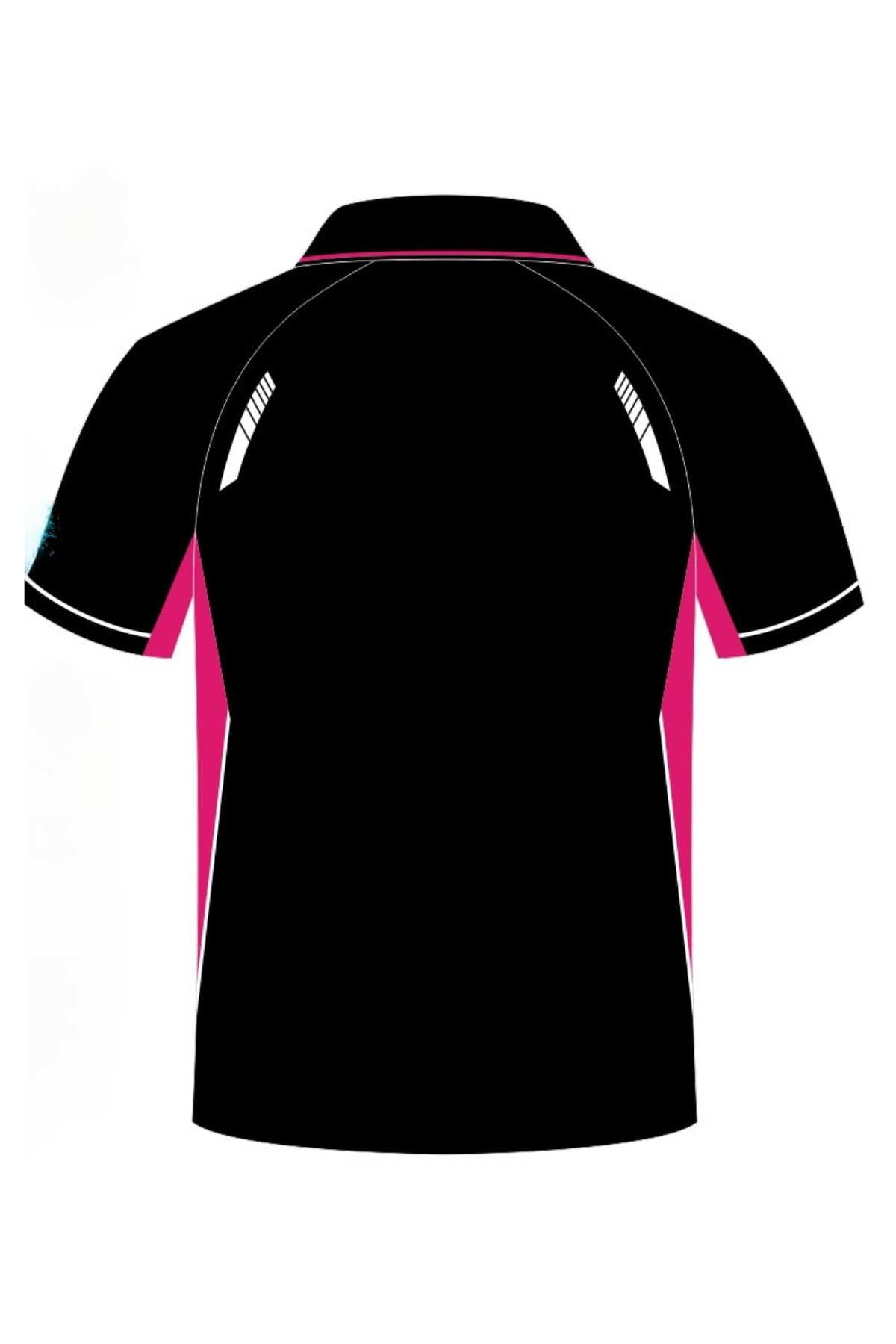 The Cooma Rugby Red Devils Ladies Polo features a black collar, pink and white accents, team and sponsor logos on the chest, sleeves, shoulders, and a red and white Red Devils crest—perfect for Cooma Rugby fans.