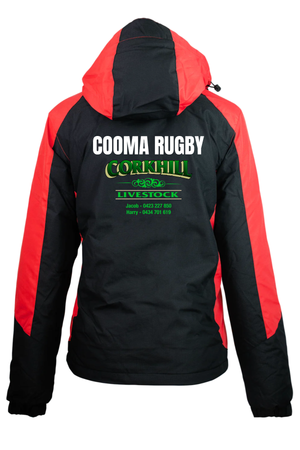 The Cooma Rugby Red Devils Napier Ladies Jacket features a black and red design, "COOMA RUGBY" on the back, and a green-yellow "Corkhill Livestock" logo—ideal for fans supporting the team.