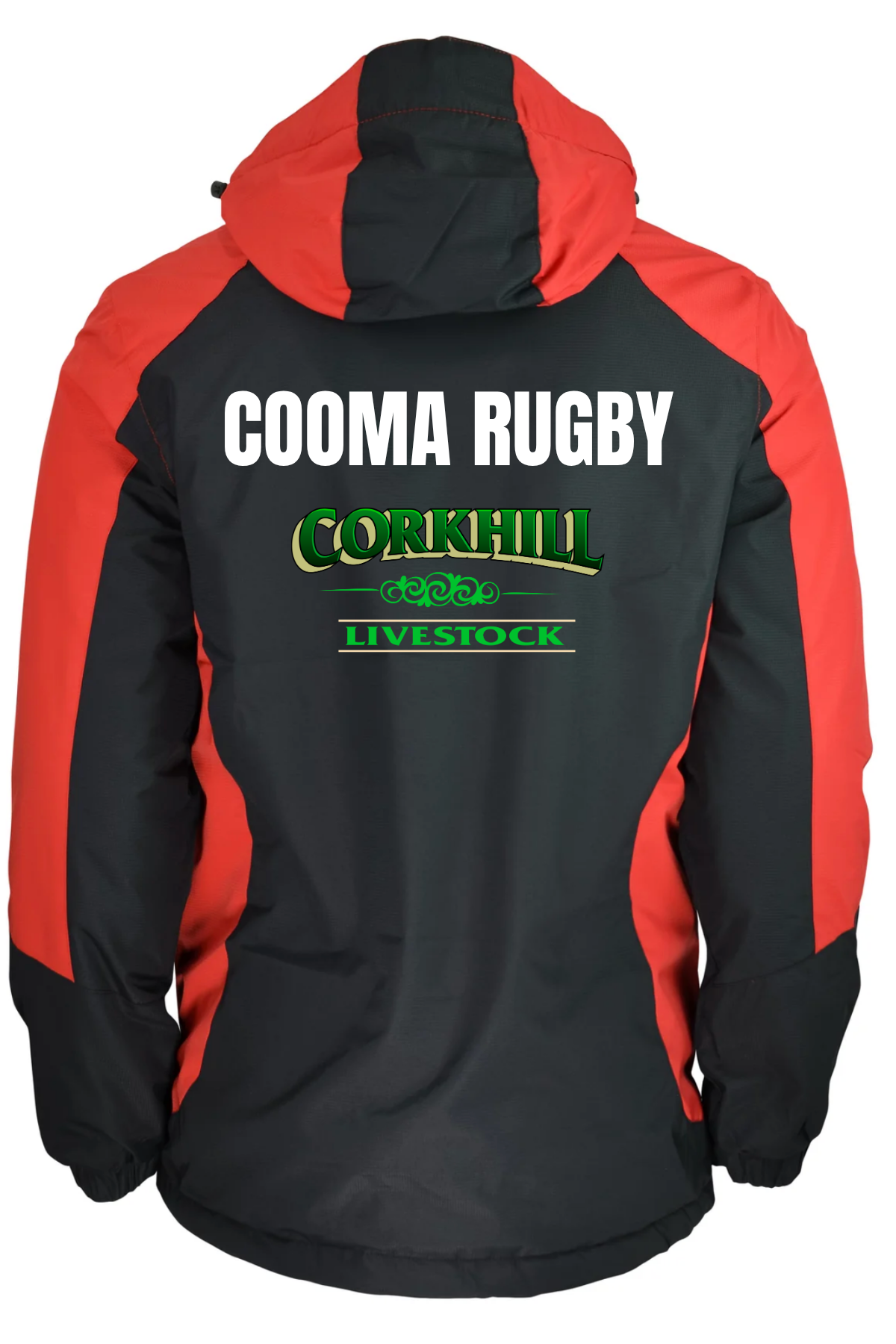 The Cooma Rugby Red Devils Napier Mens Jacket is a black and red hooded winter rugby jacket with a front zipper, chest pocket, embroidered chest and shoulder logos, plus red sleeve accents—perfect for Red Devils fans.