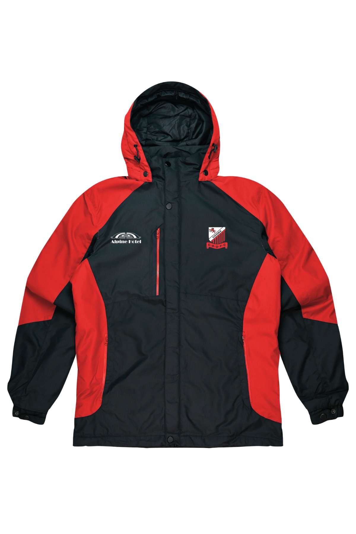 The Cooma Rugby Red Devils Napier Men's Jacket is a red and black winter jacket with a hood. It features chest shield and left side white logos, reminiscent of the Cooma Rugby team. With a front zipper and multiple pockets, it's perfect for any Red Devils fan.