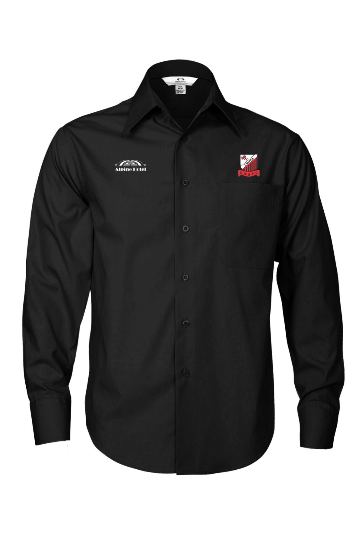 The Cooma Rugby Red Devils Players Dress Shirt is a black, long-sleeve shirt with a chest pocket, white logo on the right chest, and red-and-white club badge on the left. Pre-order now!.