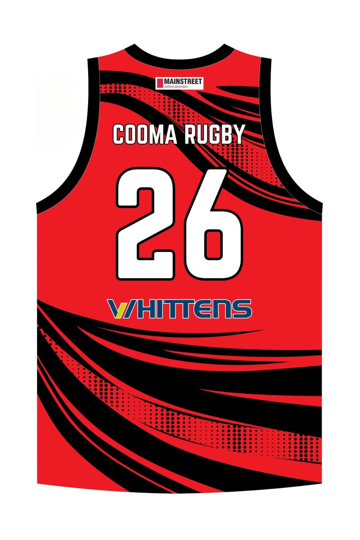 The Cooma Rugby Red Devils Ladies Training Singlet PRE-ORDER is a red sublimated top with black swoosh patterns, a blue and white "reece" sponsor logo, two small right chest logos, and a shield-shaped team emblem on the left chest.