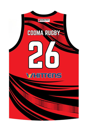 Red sublimated singlet with black abstract stripes, "COOMA RUGBY" at top, white number 26, and "VHITTENS" sponsor—perfect for Cooma Rugby Red Devils fans. Product Name: Cooma Rugby Red Devils Mens Training Singlet PRE-ORDER.