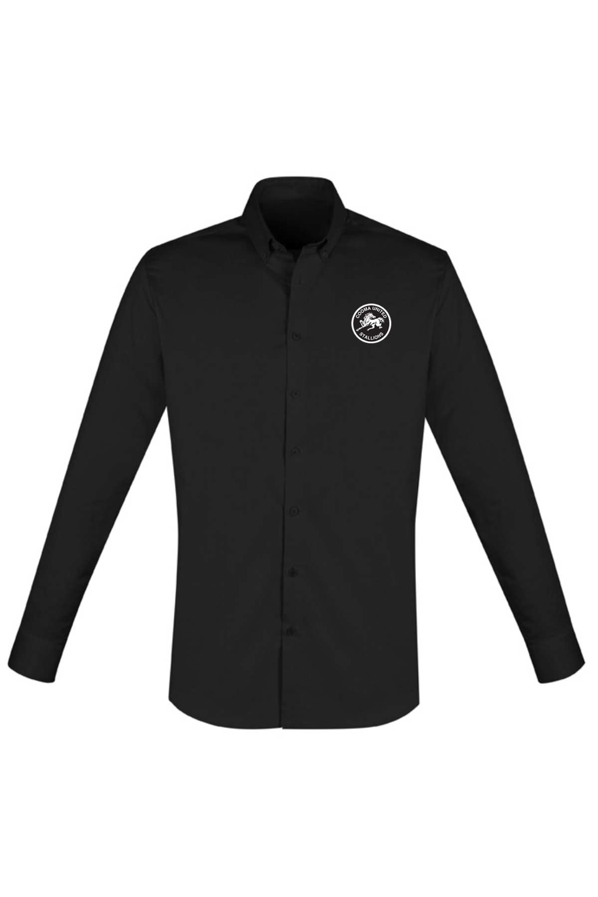 A Cooma Stallions RLFC Dress Shirt (pre-order): plain black, long-sleeve button-up, featuring a small white circular tree logo on the left chest, displayed on a white background.