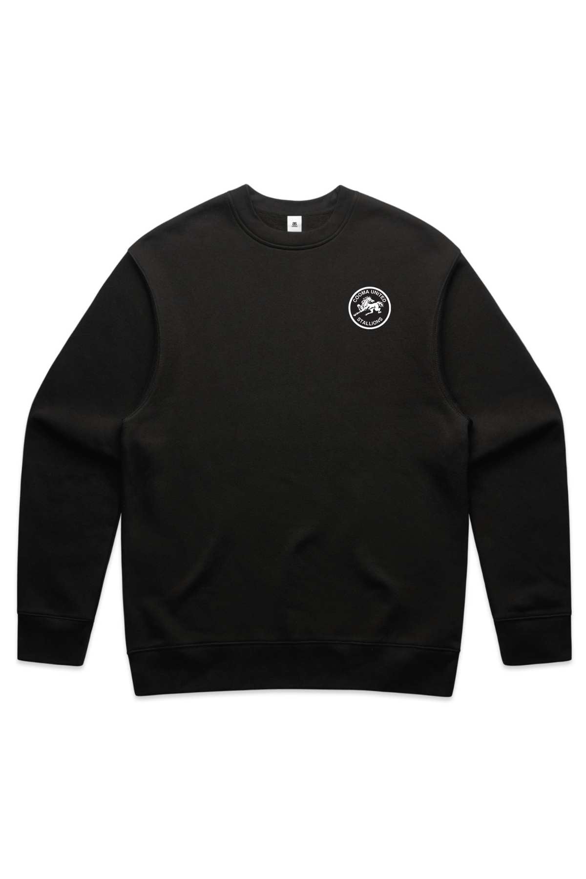 A black Cooma Stallions RLFC fleece crew neck jumper, featuring long sleeves and a small white circular logo with a dinosaur on the upper left chest area. The design is simple and casual. **PRE-ORDER**.