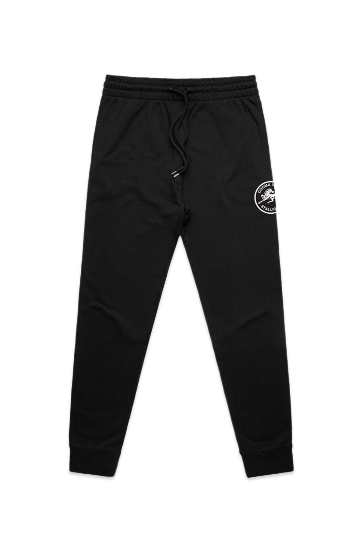 Cooma Stallions RLFC Fleece Cuffed Trackpant, black with elastic waistband, drawstring, and white circular logo on left thigh, shown flat on a white background. PRE-ORDER.