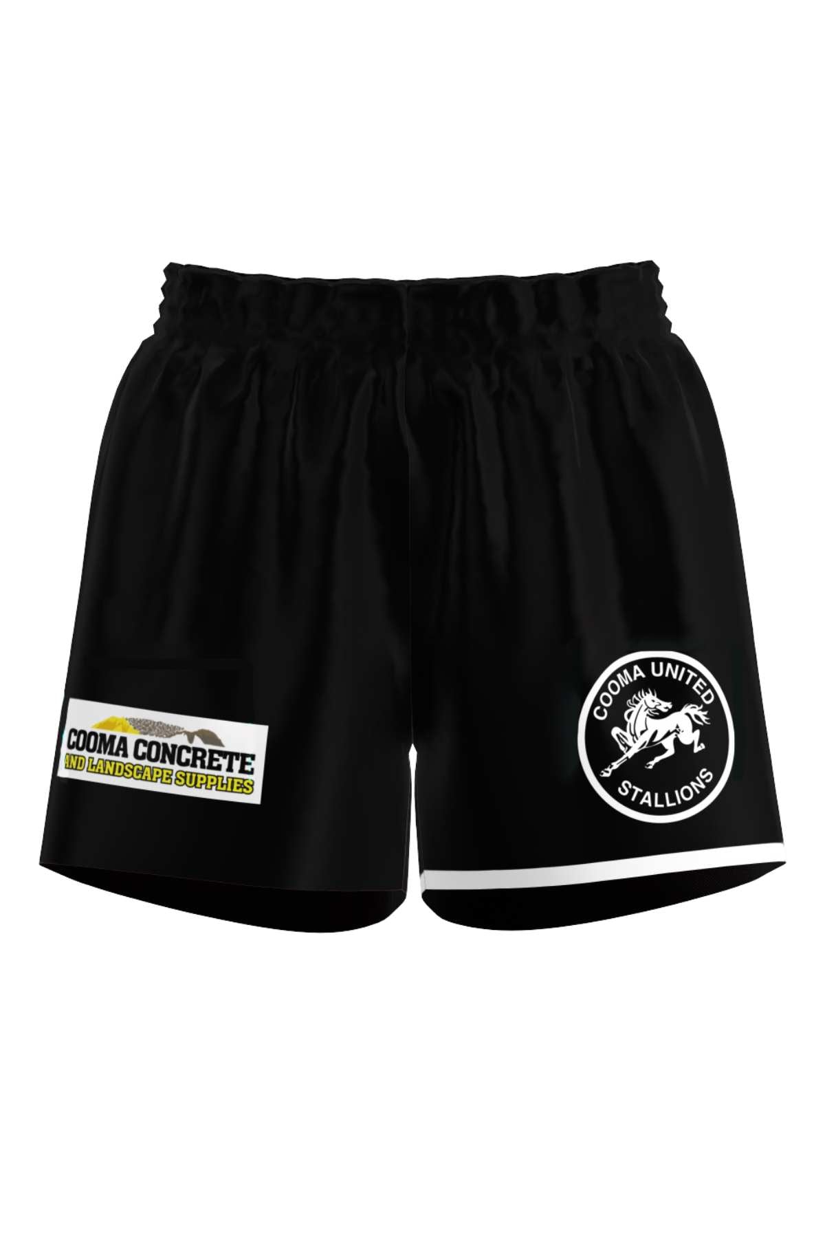 The Cooma Stallions RLFC Ladies Training Short PRE-ORDER features a "Cooma United Stallions" logo with a white horse on the right leg and a "Cooma Concrete and Landscape Supplies" sponsor patch on the left leg.