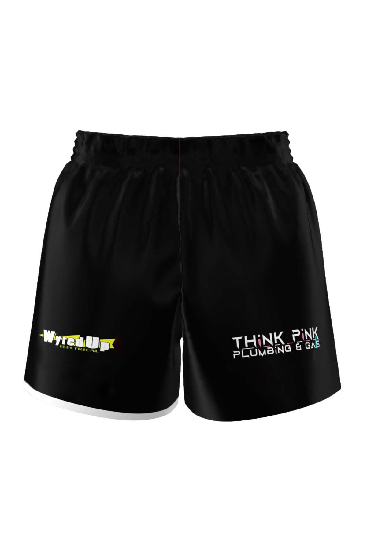 Cooma Stallions RLFC Ladies Training Short PRE-ORDER: Black athletic shorts with elastic waistband, "WYRED UP" logo in yellow/white on left leg and "THINK PINK PLUMBING & GAS" in white/pink on right leg.