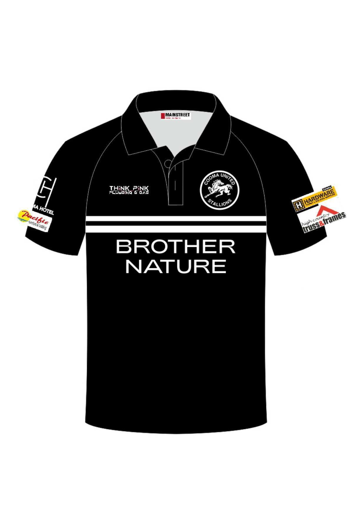 The Cooma Stallions RLFC Men's Sublimated Club Polo features a black design with white accents and logos. "BROTHER NATURE" is boldly displayed on the chest, along with sponsor logos like "THINK PINK" and "I'M HOTEL." A small red logo is centered below the collar. **PRE-ORDER**.