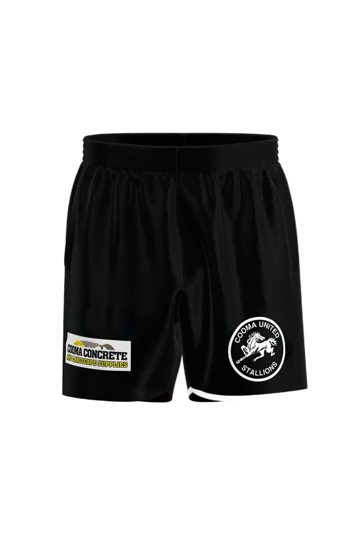 The Cooma Stallions RLFC Men's Training Shorts feature a logo with "Cooma United Stallions" and a horse graphic on the right leg, plus a "Cooma Concrete" ad on the left leg. Available for pre-order.