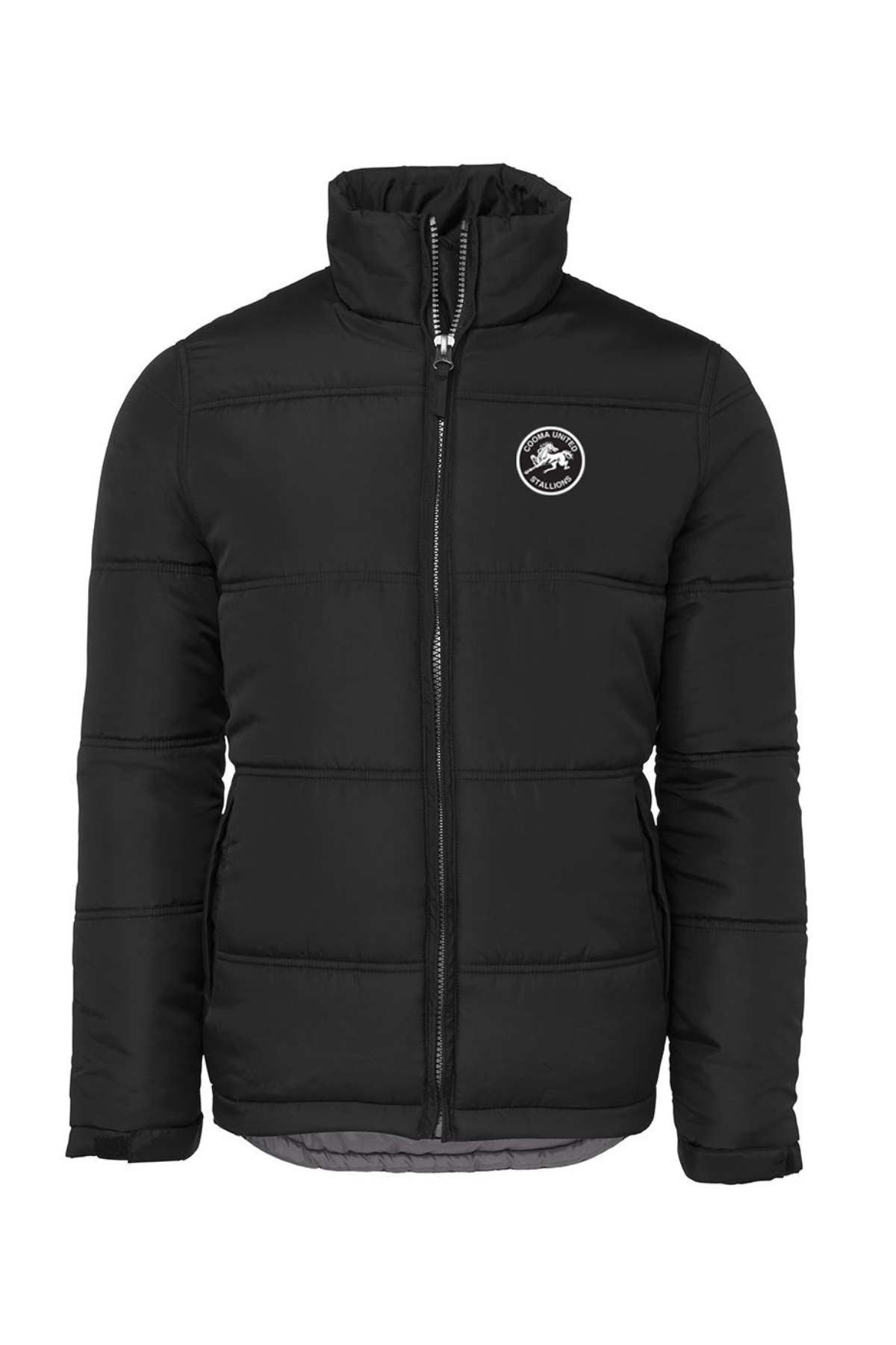 Cooma Stallions RLFC Puffer Jacket **PRE-ORDER**: Black quilted design with high collar and zip closure, features a circular patch with a mountain design on the upper left chest. Warm and ideal for colder weather.