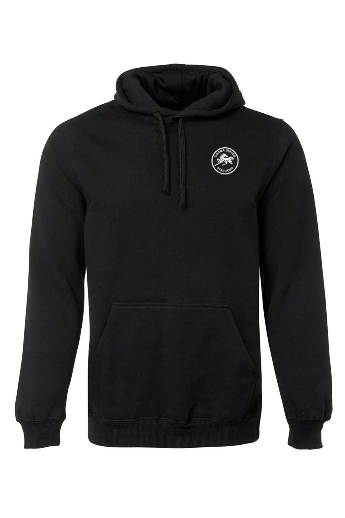 The Cooma Stallions RLFC Pullover Hoodie PRE-ORDER is a plain black hoodie with a front pocket, drawstring hood, and a small white circular dinosaur logo on the left chest.