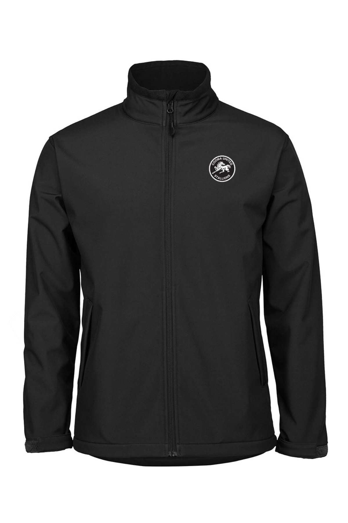 The Cooma Stallions RLFC Soft Shell Jacket PRE-ORDER is a black zip-up with a high collar, two side pockets, and a small circular fish logo on the left chest.