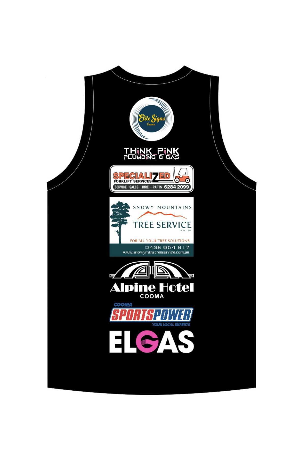 The Cooma Stallions RLFC Training Singlet PRE-ORDER is a black sleeveless jersey with white trim, chest stripes, a circular left chest logo, and a "Jack Atkinson Surveying" sponsor logo in white and blue at the center.