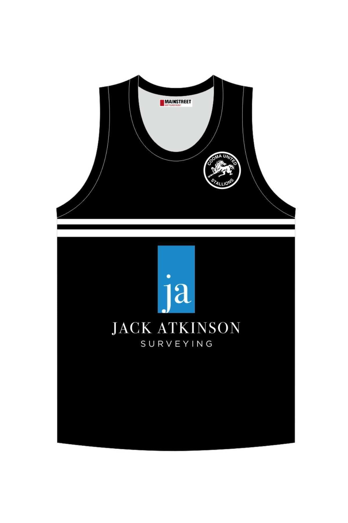 The Cooma Stallions RLFC Training Singlet PRE-ORDER is a black sleeveless jersey with white trim, chest stripes, a circular left chest logo, and a "Jack Atkinson Surveying" sponsor logo in white and blue at the center.