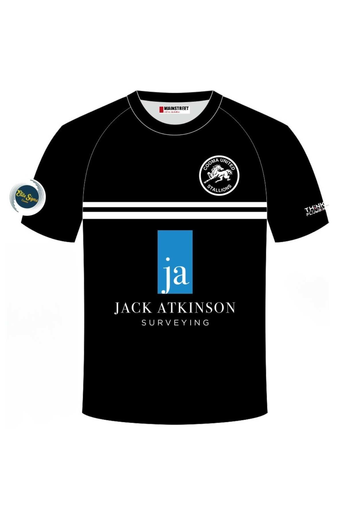 The Cooma Stallions RLFC Training Tee, available for pre-order, is a black jersey with white chest stripes and logos including "Jack Atkinson Surveying" in the center, a club crest on the upper right, and additional logos on the sleeves.