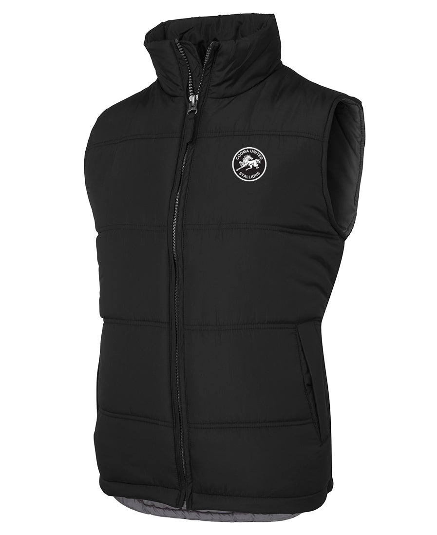 The Cooma Stallions RLFC Puffer Vest **PRE-ORDER** is a black sleeveless puffer vest with a high collar, front zipper, and a small circular logo on the left chest. It features horizontal quilting for warmth.