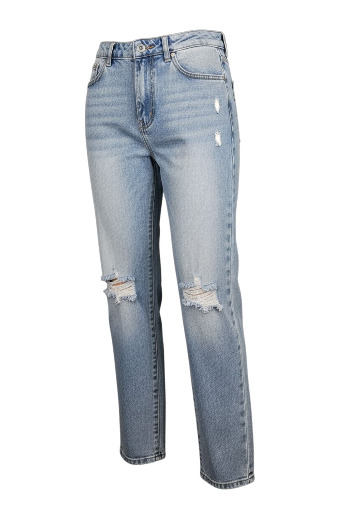 The Country Denim Relaxed Mum Jean features a light blue wash, high waist, relaxed straight-leg fit, distressed rips at both knees, and subtle thigh fading for an authentic vintage country denim look.