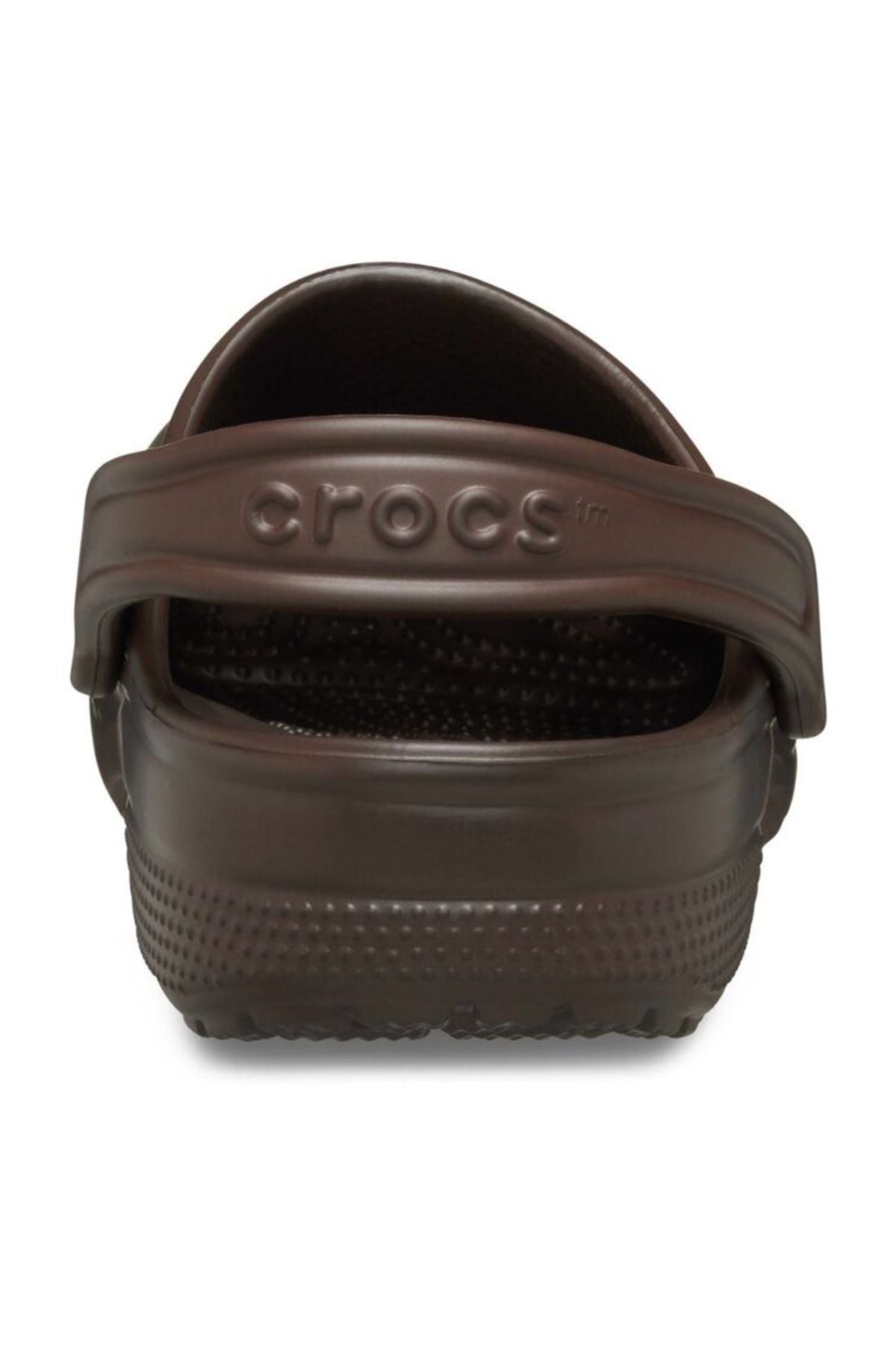 A close-up rear view of the Crocs Classic Clog showcases its branded back strap and textured sole—ideal lightweight, breathable footwear for any water adventure.