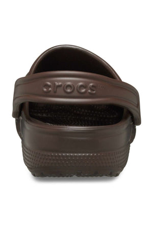 A close-up rear view of the Crocs Classic Clog showcases its branded back strap and textured sole—ideal lightweight, breathable footwear for any water adventure.