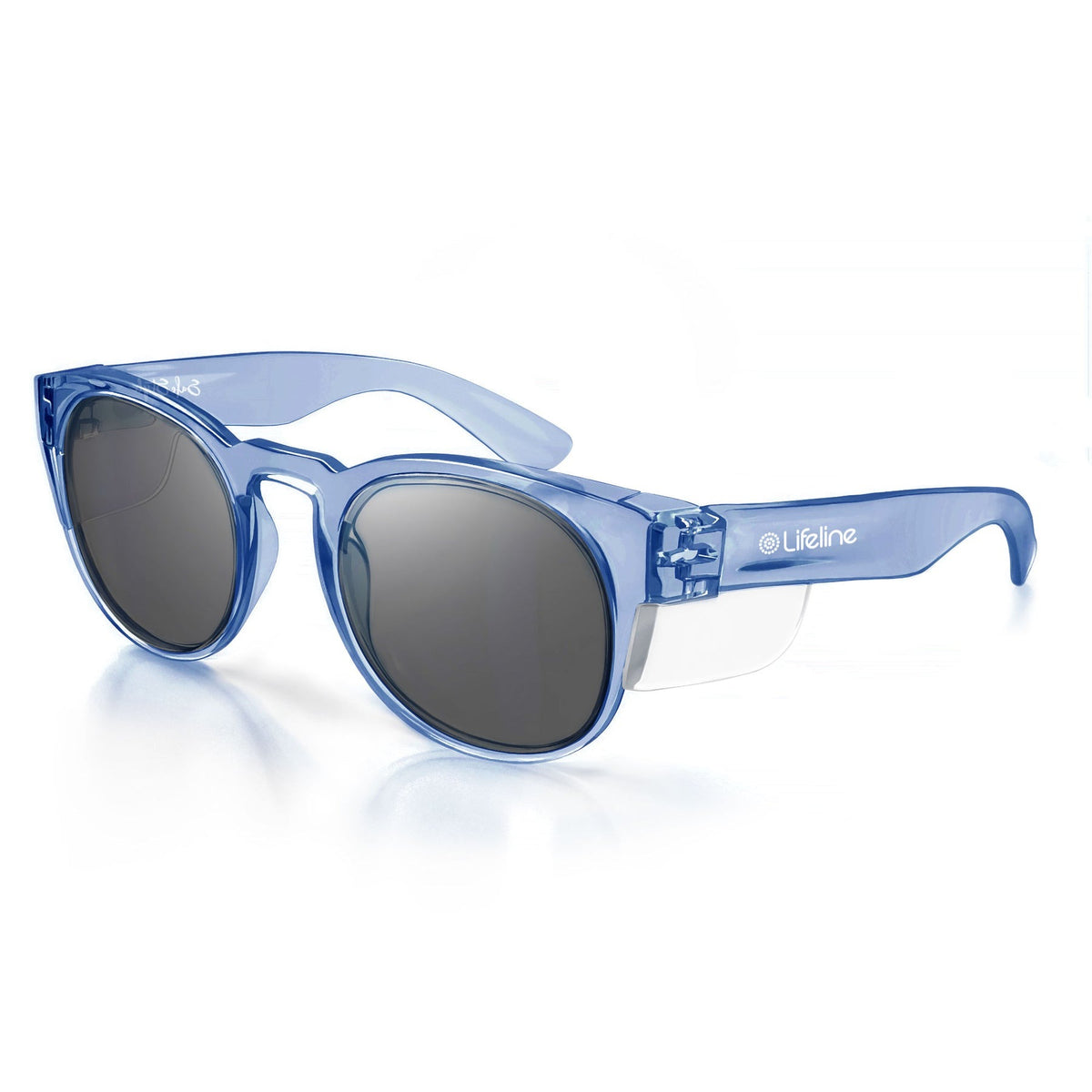 SafeStyle Cruisers Blue Frame Tinted Lens sunglasses feature round, tinted lenses, white side panels on polycarbonate frames, and "Lifeline" printed in white on the left arm. They provide UV protection and are shown against a white background.