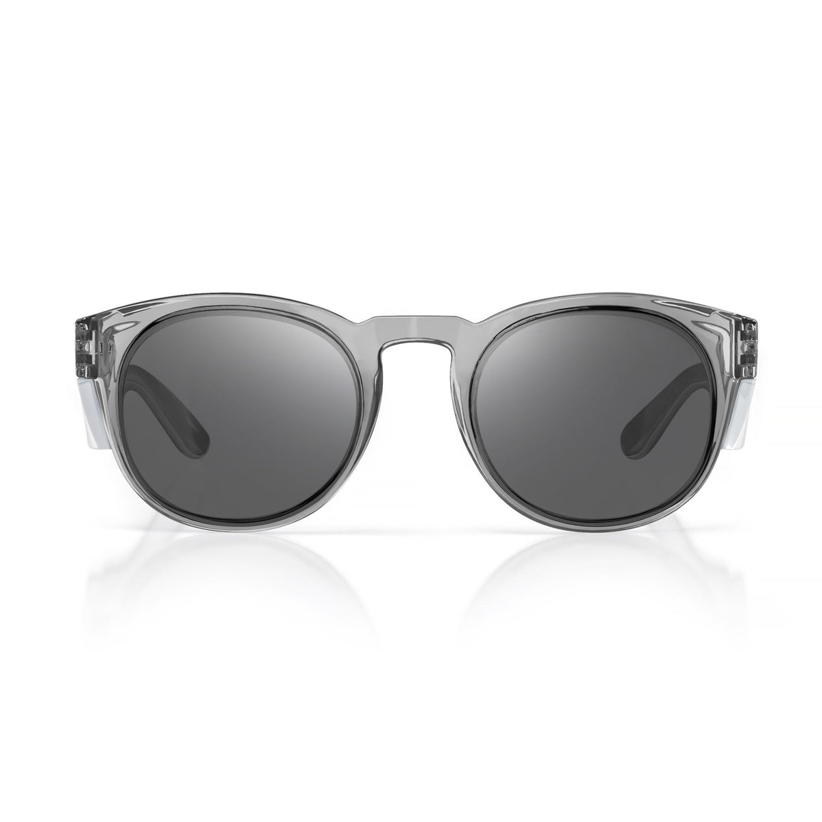 A pair of stylish sunglasses with transparent frames and dark-tinted lenses, viewed from the front against a plain white background. The SafeStyle Cruisers Graphite Frame Tinted Lens design exhibits a modern and minimalist aesthetic.