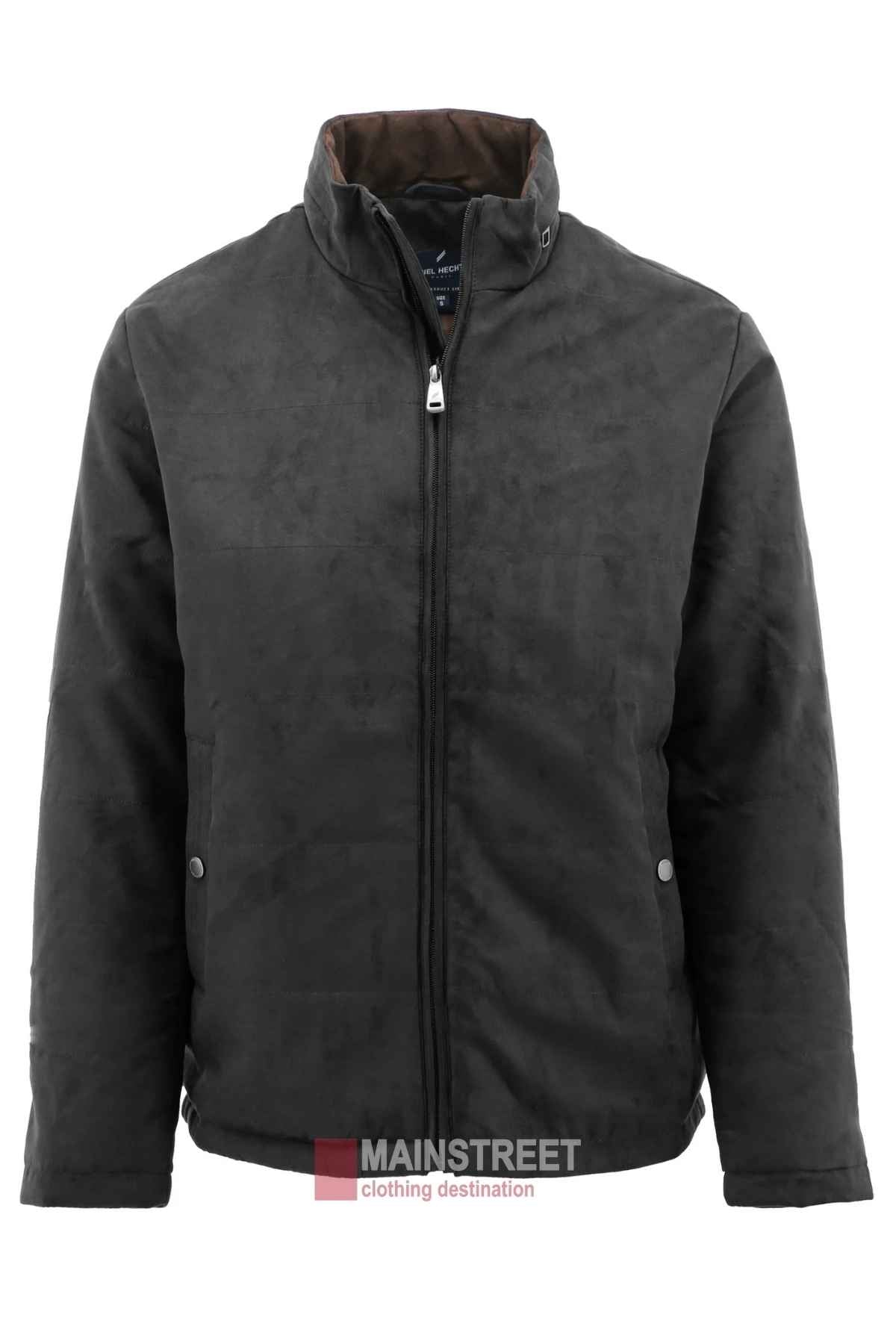 The Daniel Hechter Brad Jacket is a bold black zip-up with a stand-up collar, two side pockets with snap buttons, and a subtle brown inner lining, displayed on a plain white background with the "MAINSTREET" logo at the bottom.