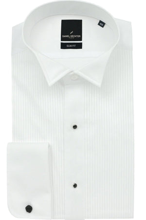 A neatly folded Daniel Hechter Wing Stud Dinner Shirt in crisp white showcases a subtle vertical stripe pattern. Featuring black buttons and a pointed collar, it's perfect for formal occasions. The label inside reads "Daniel Hechter, Slim Fit.