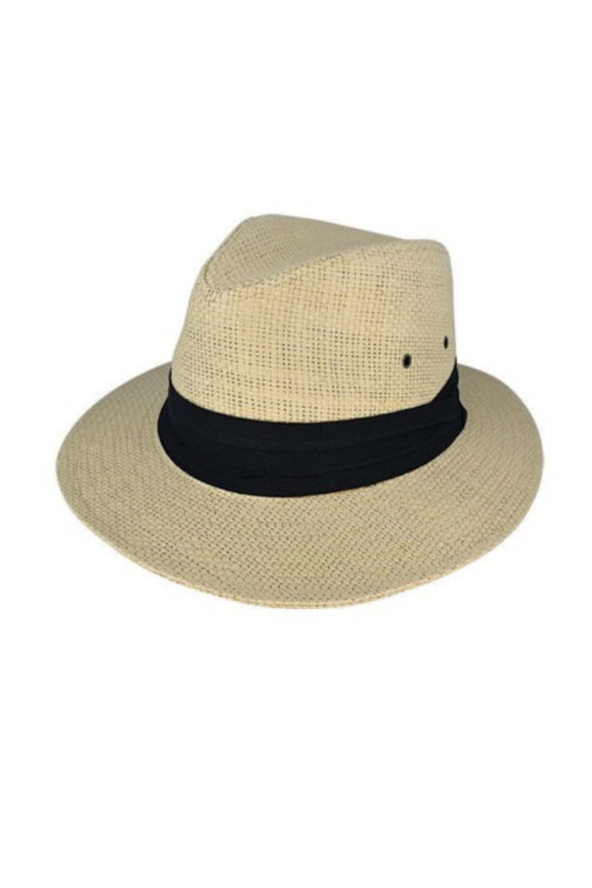 The Dot & Co Toyo Matt Safari hat, a tan straw fedora, features a wide brim and a black fabric band around its base. It is designed with a textured weave for sun protection, offering UPF 50+ while maintaining a casual and stylish appearance.