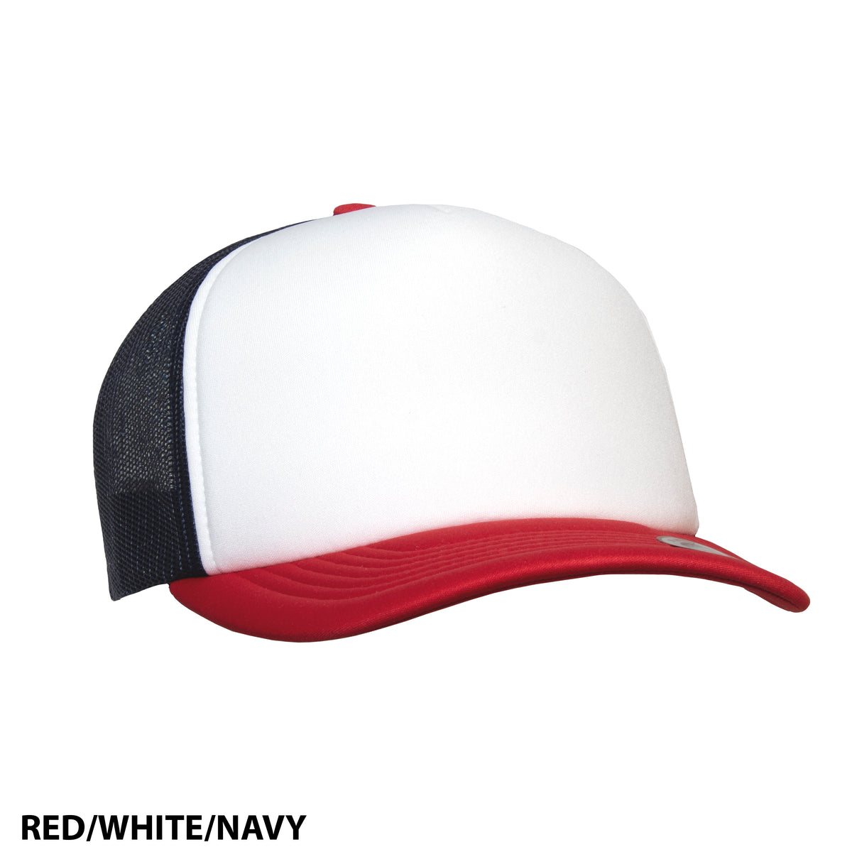 The FlexFit High Crown Trucker is a breathable baseball cap featuring a solid white front panel, a red curved brim, and a navy blue mesh back. Made from durable polyester, it includes an adjustable snap-back closure for a perfect fit. The colors are indicated as RED/WHITE/NAVY.