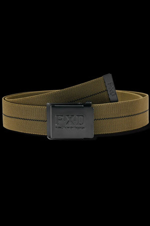 The FXD CB-3 Stretch Canvas Work Belt features tan and black woven fabric, a black rectangular metal buckle embossed with the FXD logo, and an adjustable fit. Shown against a sleek black background.