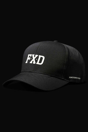 The FXD CP-12 Tech Baseball Cap, made of quick-drying performance polyester, features "FXD" in bold white on the front and "FUNCTION BY DESIGN" stitched on the side. This lightweight black cap includes ventilation holes and a structured modern design.