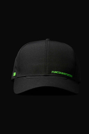 The FXD CP-12 Tech Baseball Cap is quick-drying, black, and features "FUNCTION BY DESIGN" in small green text on the right front side. It is shown against a black background.