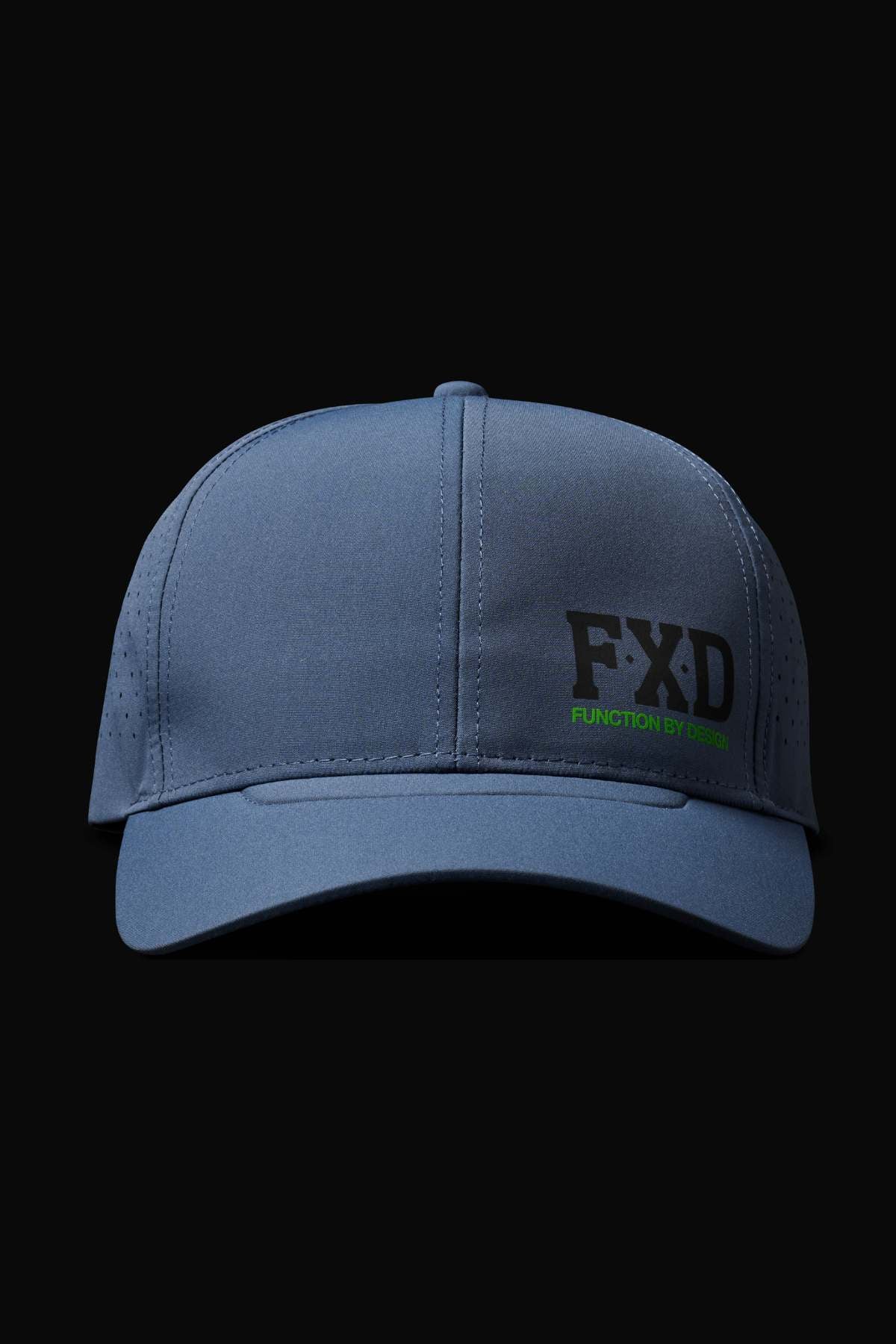 Discover the FXD CP-12 Tech Baseball Cap in blue, featuring "FXD" and "FUNCTION BY DESIGN" on the front. Made from quick-drying polyester for optimal breathability, it blends style and functionality against a sleek black backdrop.