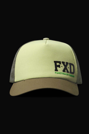 The FXD CP-13 Trucker Cap features a yellow and gray design with a breathable mesh back, black "FXD" logo, green "Function by Design" text on the front, brown brim, and an adjustable snap-back closure.